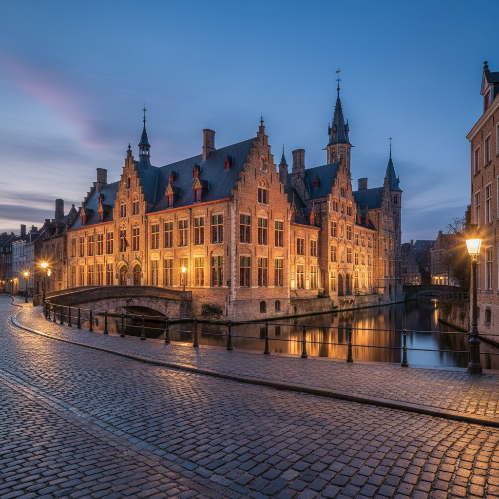 Hôtel de luxe historique à Bruges au crépuscule, façade à pignons flamands