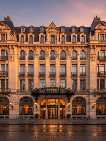 Ornate historic hotel facade at sunset with arched ground-floor windows and ornate detailing above, warm entrance lights glowing.
