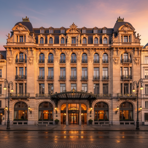 Ornate historic hotel facade at sunset with arched ground-floor windows and ornate detailing above, warm entrance lights glowing.