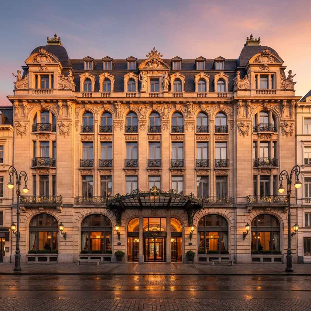Ornate historic hotel facade at sunset with arched ground-floor windows and ornate detailing above, warm entrance lights glowing.