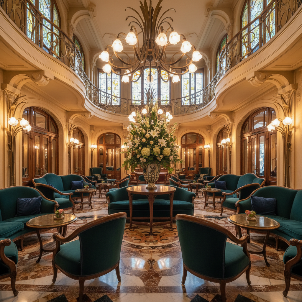 Lobby d'un hôtel de luxe à Bruxelles, détails Art nouveau et marbre