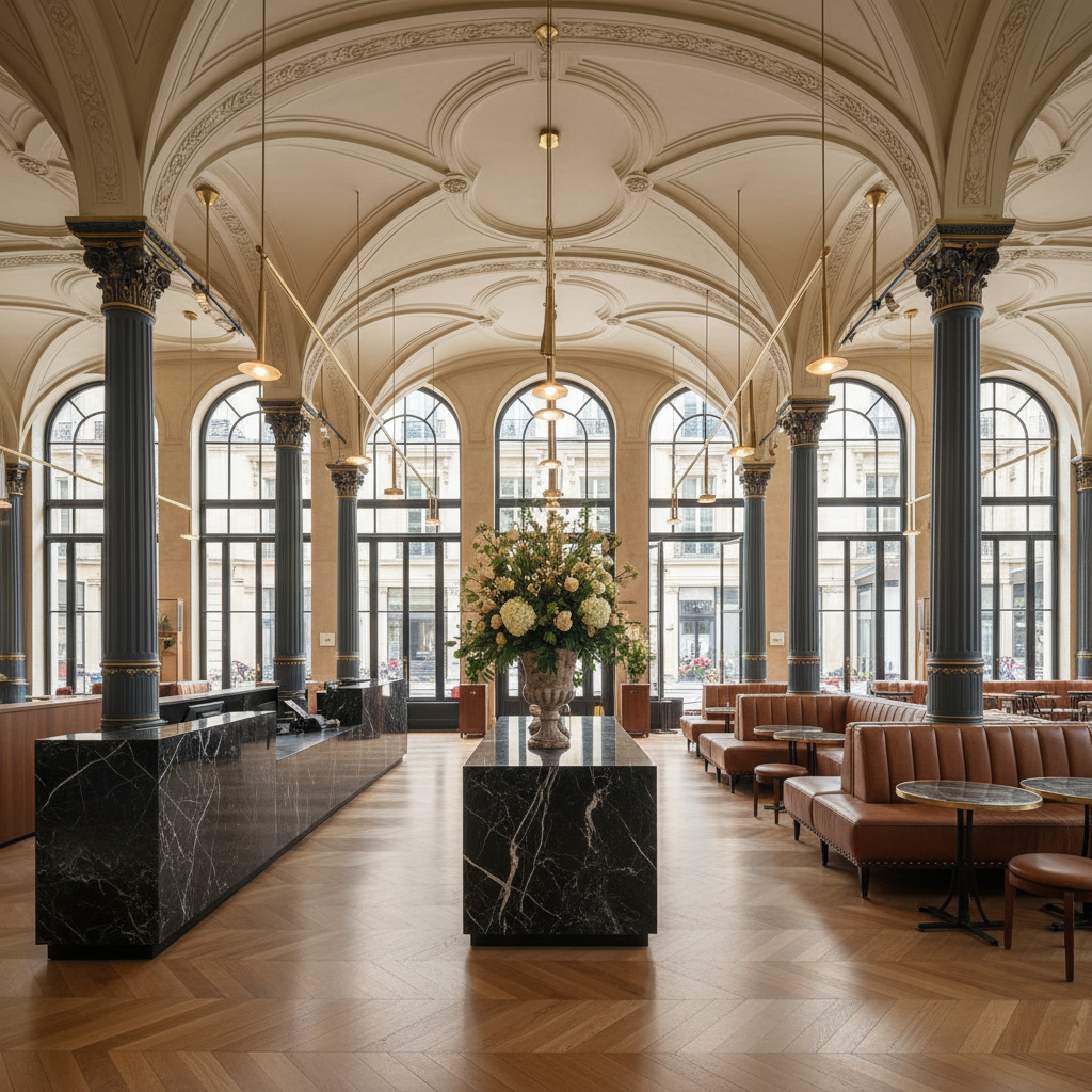 Vision éditoriale du lobby du futur hôtel BHV Marais Paris sous voûtes du XIXe siècle