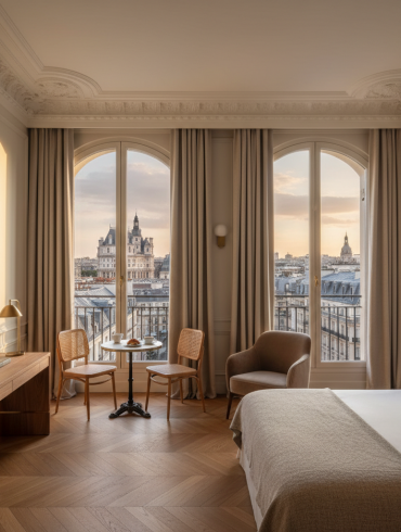 Suite avec vue sur les rooftops parisiens et l'Hôtel de Ville depuis le futur hôtel de luxe du BHV Marais