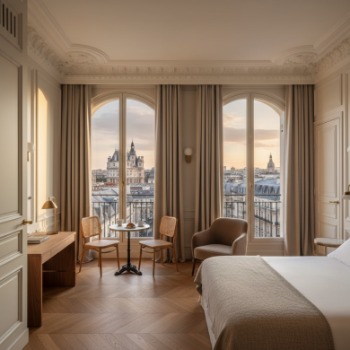 Suite avec vue sur les rooftops parisiens et l'Hôtel de Ville depuis le futur hôtel de luxe du BHV Marais