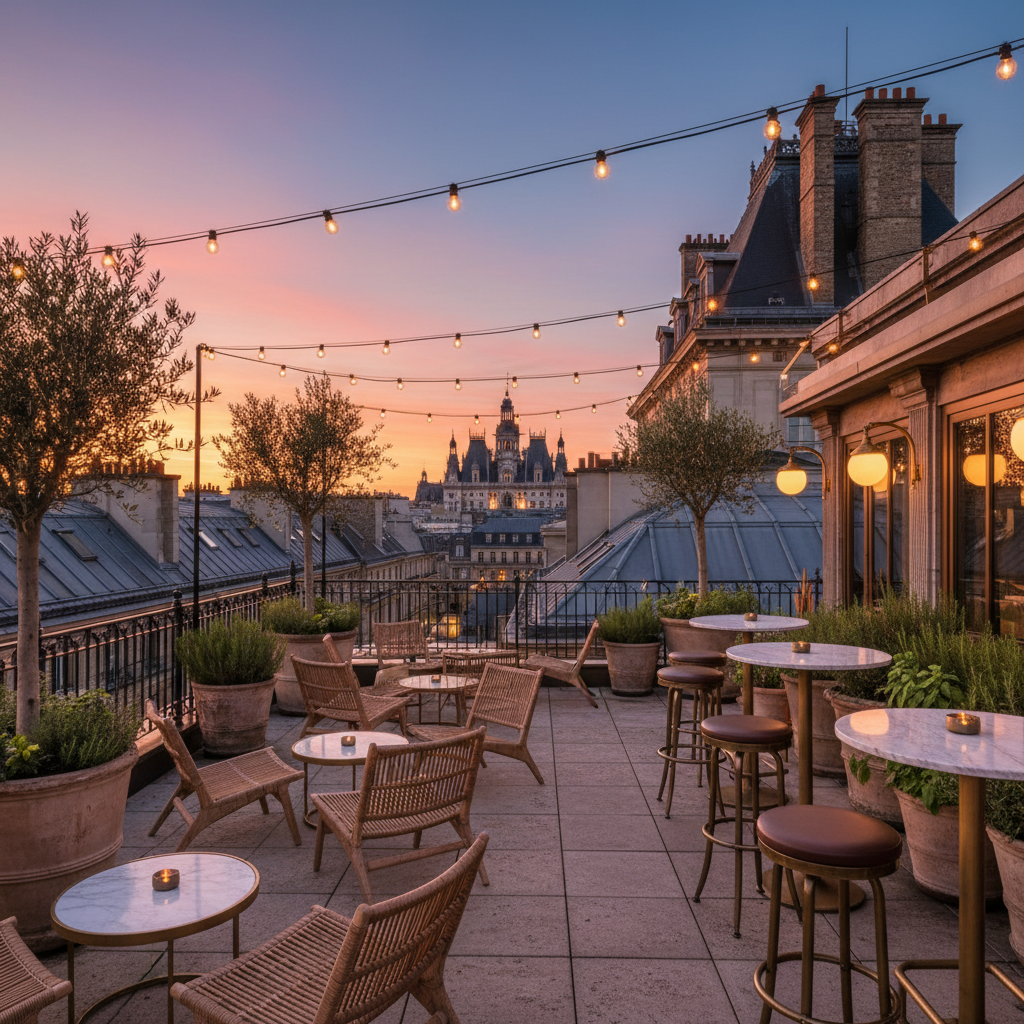 Vision éditoriale du rooftop du futur hôtel BHV Marais au crépuscule
