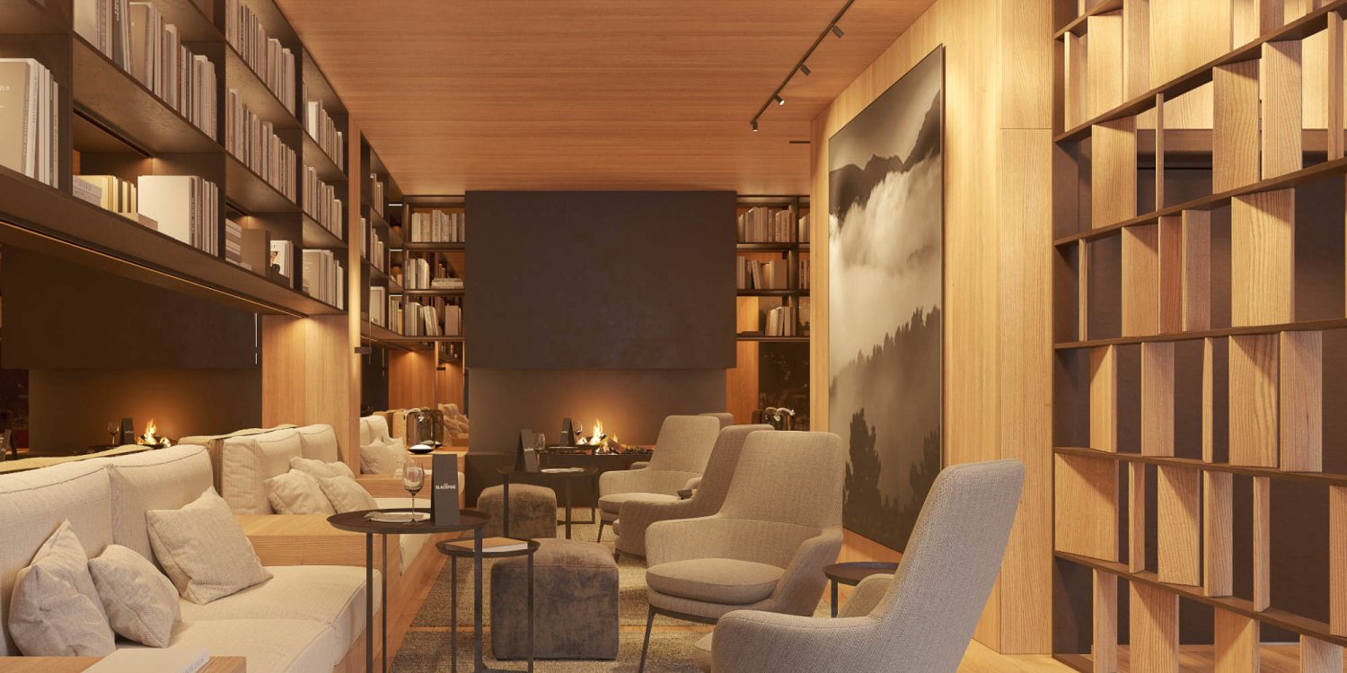 Cozy modern library lounge with built‑in wooden shelves, warm lighting, and a central fireplace flanked by beige seating.
