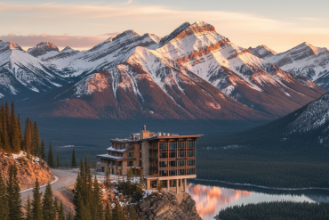 Hôtel de luxe perché sur une falaise des Rocheuses canadiennes à Banff, vue panoramique