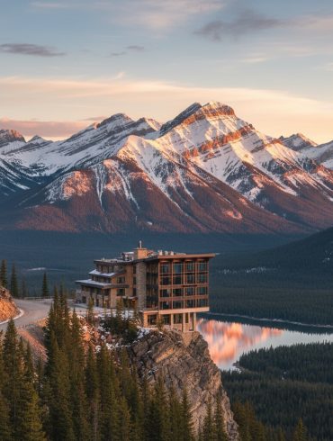 Hôtel de luxe perché sur une falaise des Rocheuses canadiennes à Banff, vue panoramique