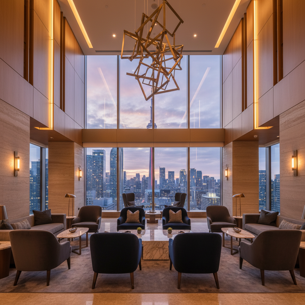 Lobby d'un hôtel de luxe à Toronto avec vue panoramique sur la CN Tower
