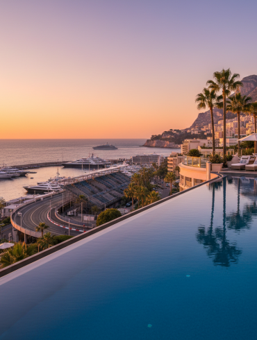 Infinity pool overlooking a harbor at sunset, with palm trees, yachts, and a hillside cityscape in the distance.