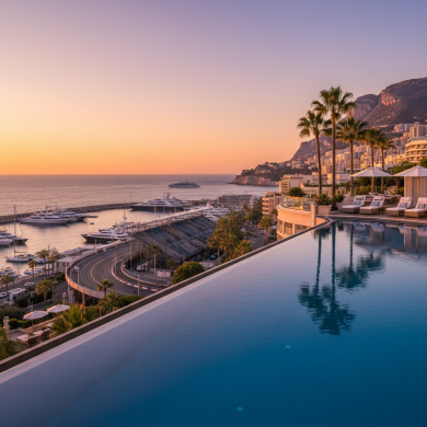 Infinity pool overlooking a harbor at sunset, with palm trees, yachts, and a hillside cityscape in the distance.