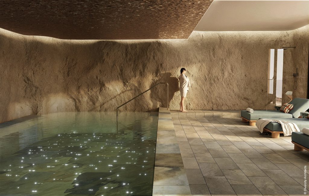 Piscine intérieure du Rock Spa du Fouquet's Mykonos sculptée dans la roche