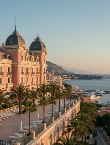 Façade rose Belle Époque de l'Hôtel Hermitage Monte-Carlo dominant le port