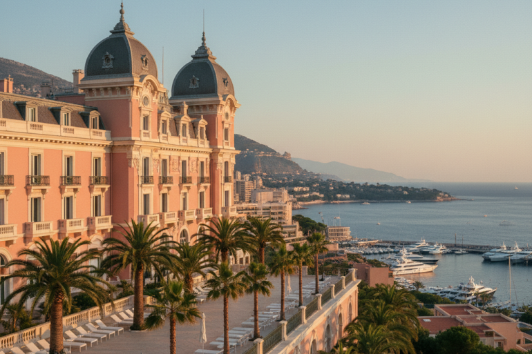 Façade rose Belle Époque de l'Hôtel Hermitage Monte-Carlo dominant le port
