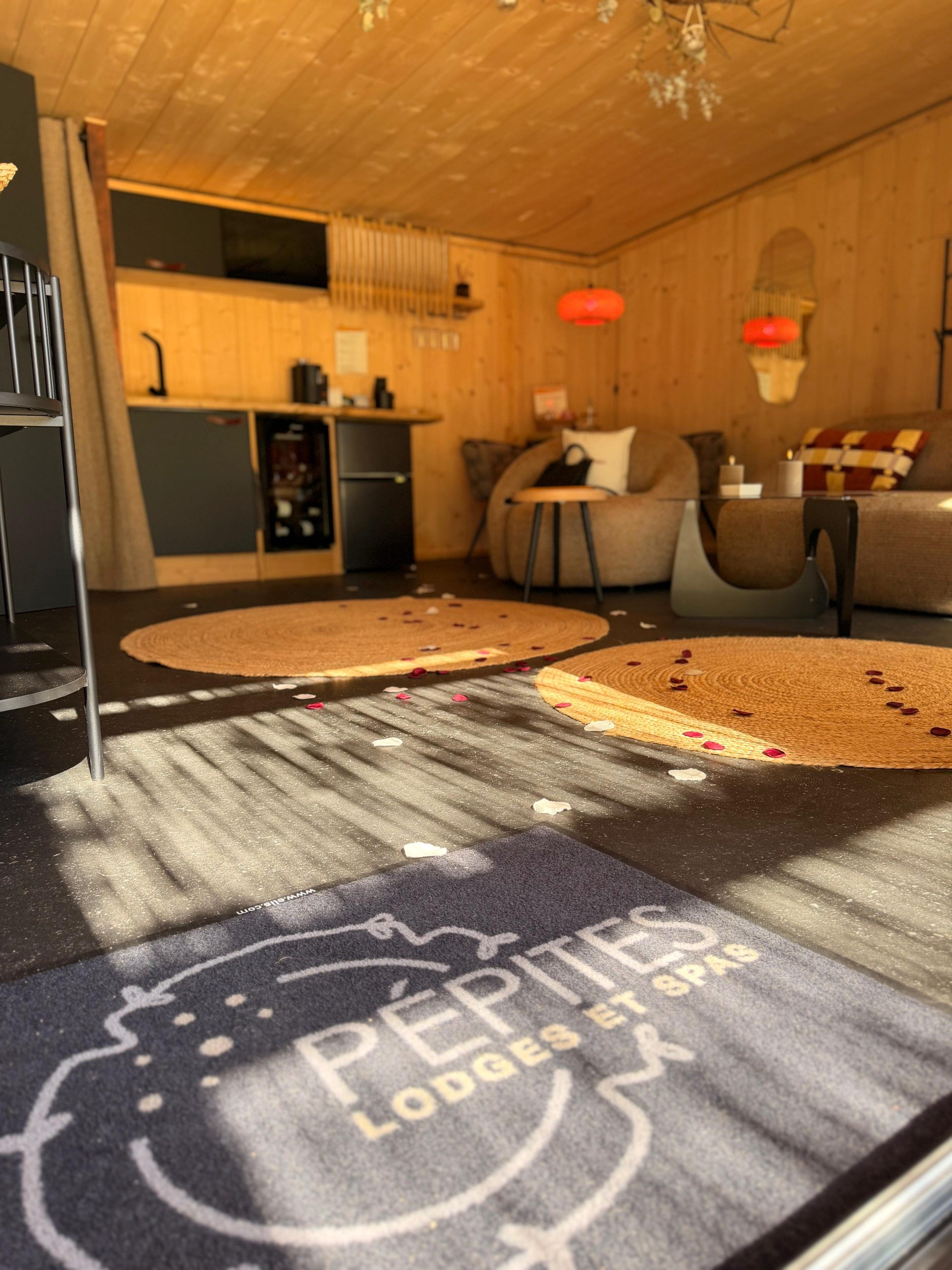 Intérieur lodge Pépite cuisine équipée et salon design tapis signé