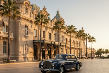 Classic dark-blue vintage car parked on a tiled promenade in front of a grand ornate beige hotel with palm trees on either side.