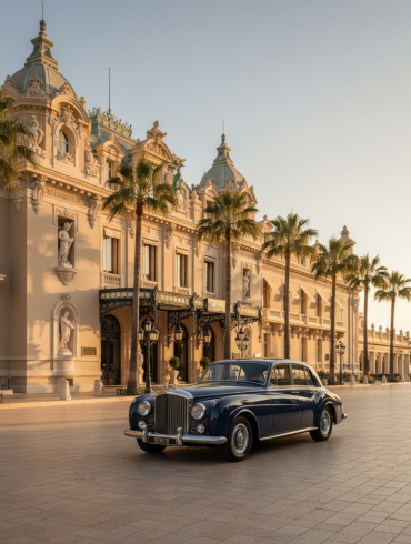 Classic dark-blue vintage car parked on a tiled promenade in front of a grand ornate beige hotel with palm trees on either side.