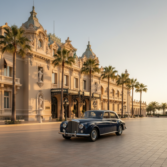 Classic dark-blue vintage car parked on a tiled promenade in front of a grand ornate beige hotel with palm trees on either side.