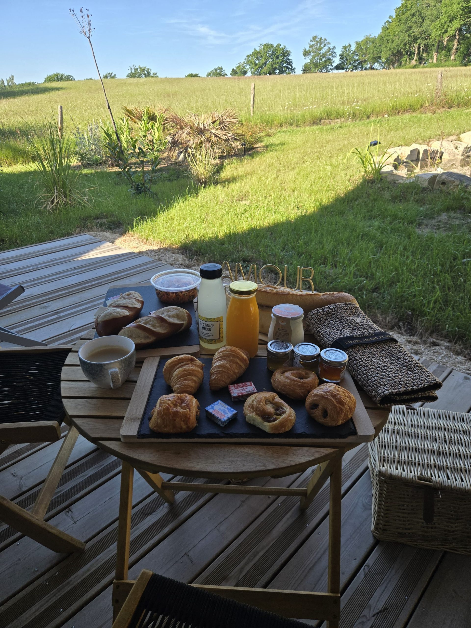 Petit déjeuner brunch sur la terrasse Pépite Lodge prairie Allier