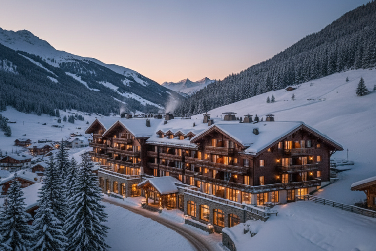 Hôtel chalet de luxe à Gstaad dans les Alpes bernoises suisses, balcons en bois traditionnels
