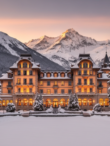 Façade Belle Époque d'un grand palace de Saint-Moritz en Engadine suisse, neige et montagnes