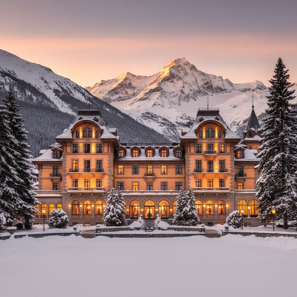 Façade Belle Époque d'un grand palace de Saint-Moritz en Engadine suisse, neige et montagnes