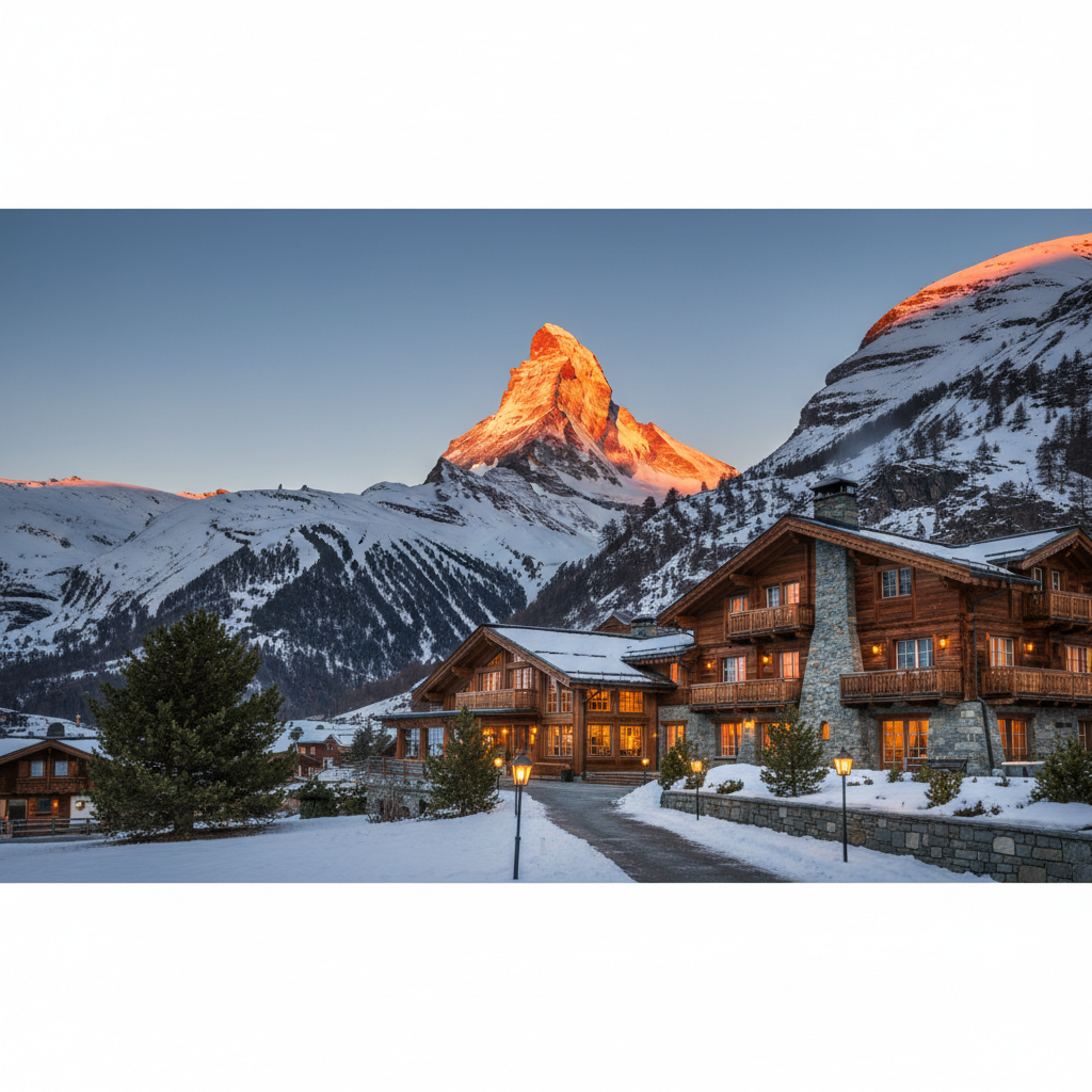 Hôtel de luxe à Zermatt face au Cervin (Matterhorn) au coucher de soleil