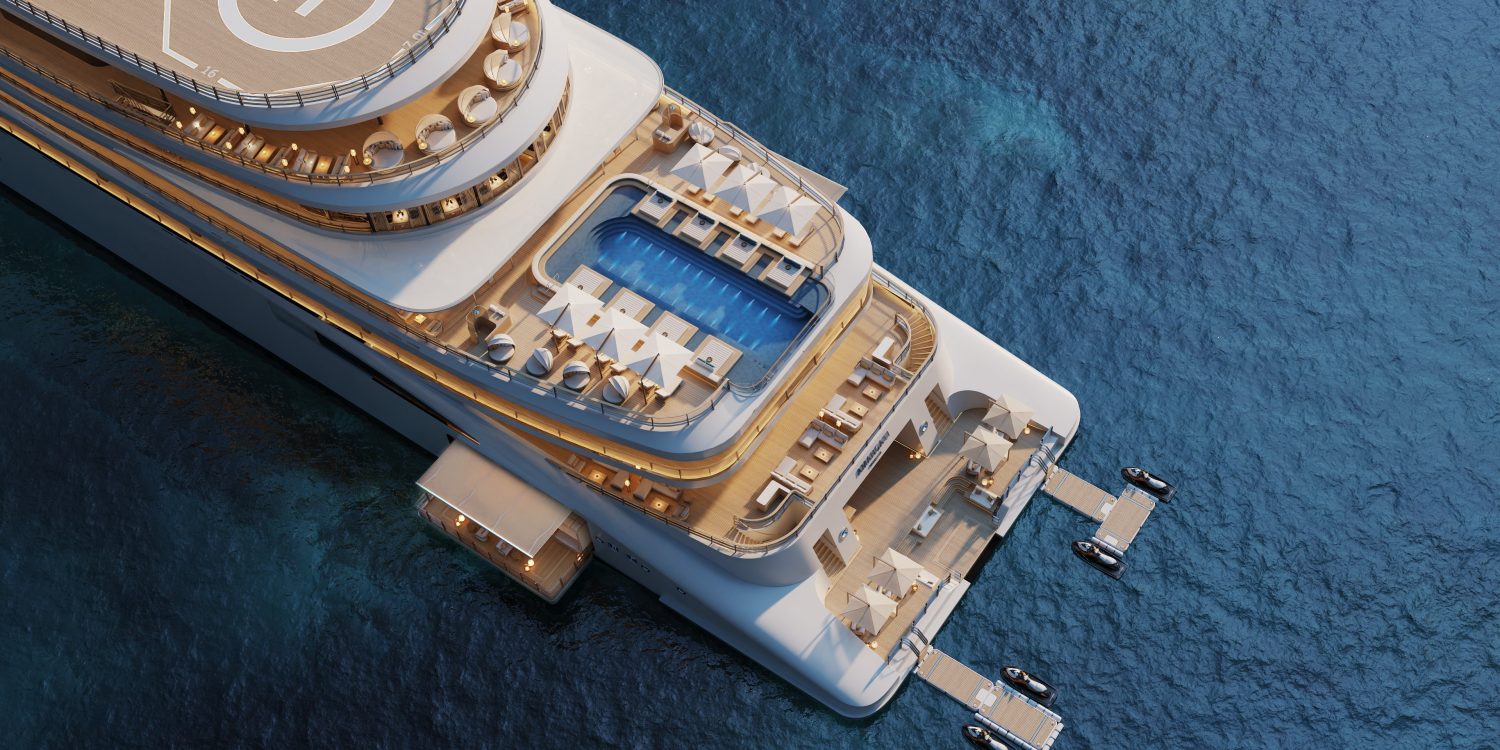 Aerial view of a large luxury yacht at sea with a rooftop helipad, swimming pool, and sun loungers across multiple decks.