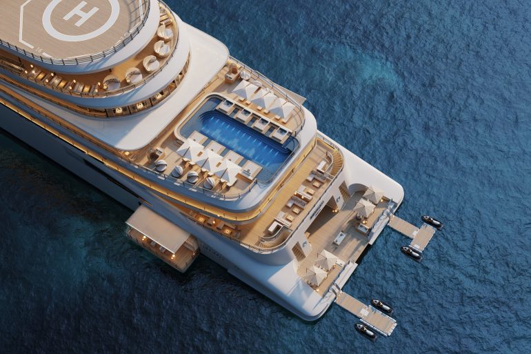 Aerial view of a large luxury yacht at sea with a rooftop helipad, swimming pool, and sun loungers across multiple decks.