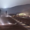Rendu d'artiste SpaceX d'une base habitée sur Mars avec vaisseaux Starship, dôme d'habitation et panneaux solaires sur le sol rouge, illustrant le mythe de l'hôtel de luxe d'Elon Musk sur Mars