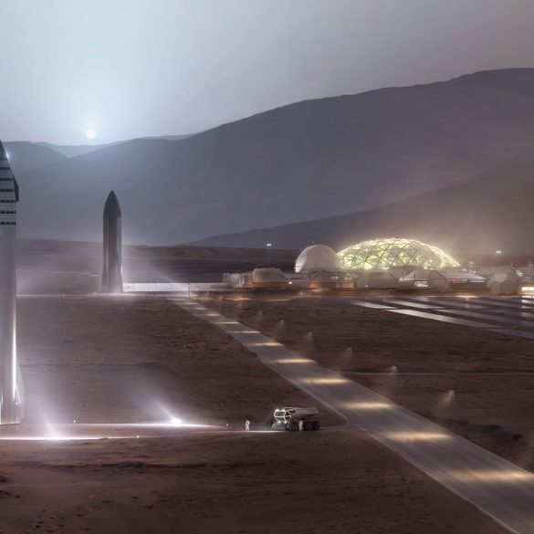 Rendu d'artiste SpaceX d'une base habitée sur Mars avec vaisseaux Starship, dôme d'habitation et panneaux solaires sur le sol rouge, illustrant le mythe de l'hôtel de luxe d'Elon Musk sur Mars