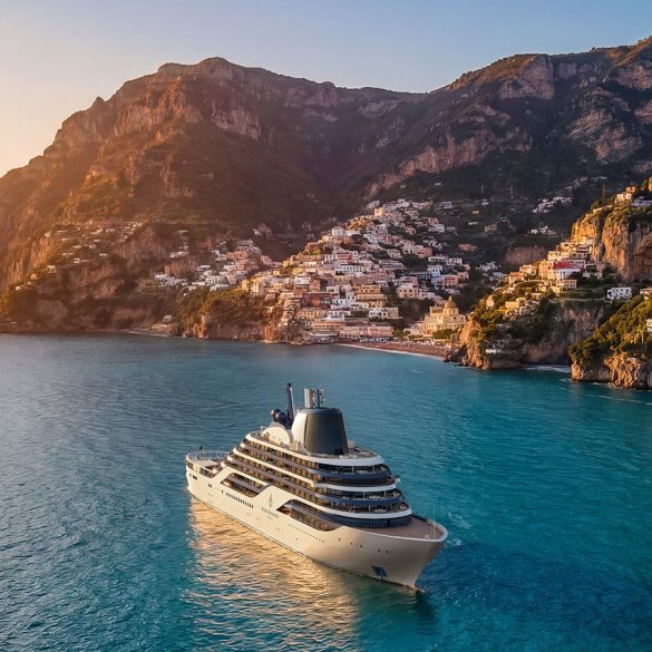Le yacht-hôtel Four Seasons II au mouillage au large de la côte amalfitaine au coucher du soleil
