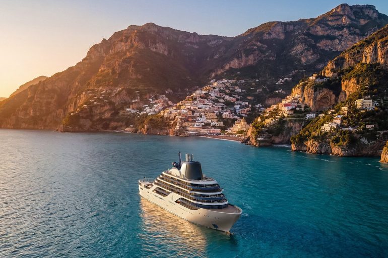 Le yacht-hôtel Four Seasons II au mouillage au large de la côte amalfitaine au coucher du soleil