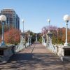 Pedestrian bridge with white globe street lamps, brick buildings, and autumn trees in the background.