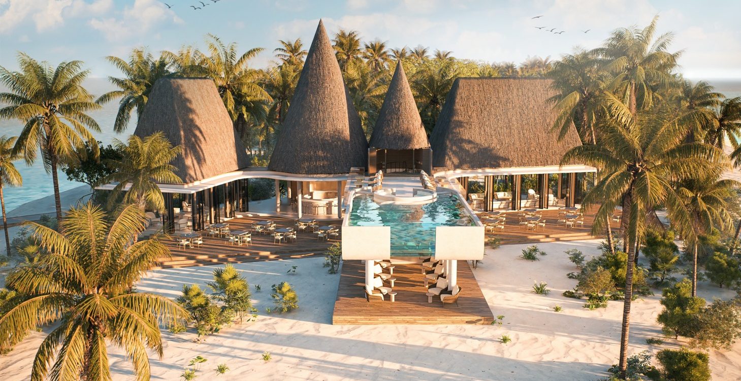 Hôtel Meyyafushi aux Maldives : le restaurant principal et la piscine à débordement face à la plage