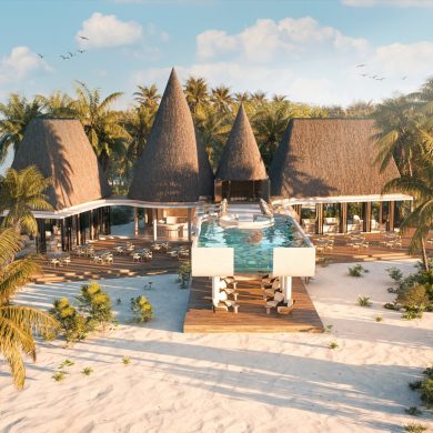 Hôtel Meyyafushi aux Maldives : le restaurant principal et la piscine à débordement face à la plage