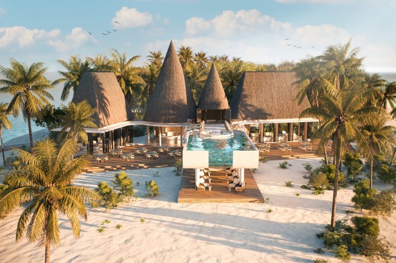 Hôtel Meyyafushi aux Maldives : le restaurant principal et la piscine à débordement face à la plage