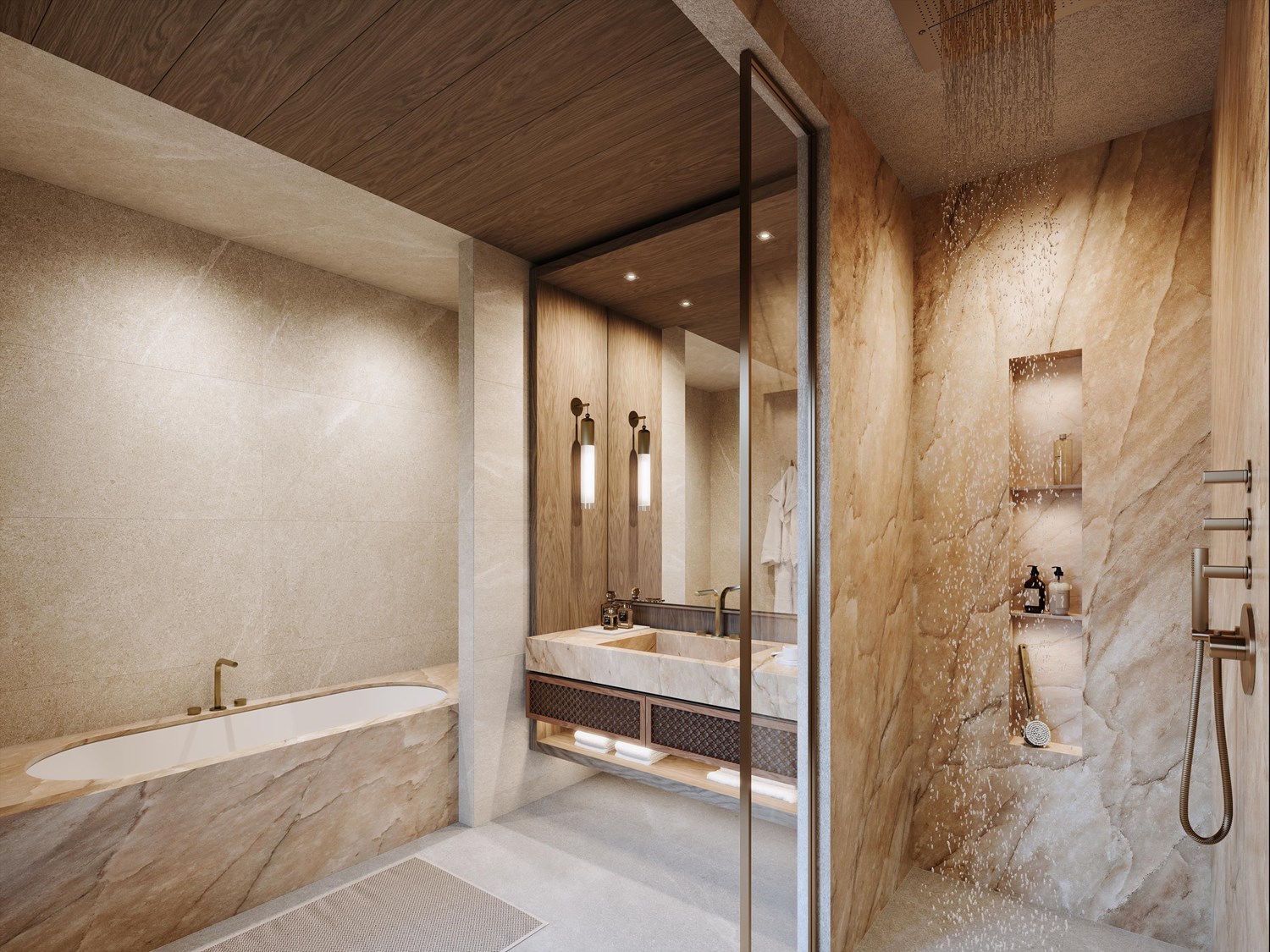 Salle de bains en marbre d’un appartement de la Résidence La Sivolière à Courchevel