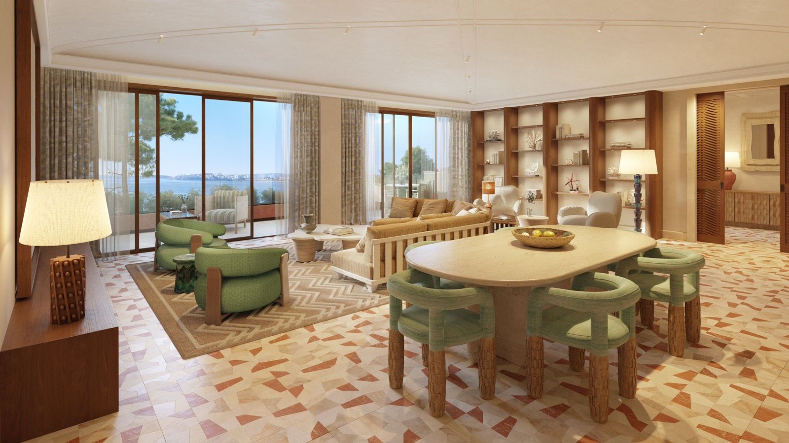 Salon et salle à manger d'une suite penthouse du Mandarin Oriental Punta Negra, Majorque, avec terrasse vue mer