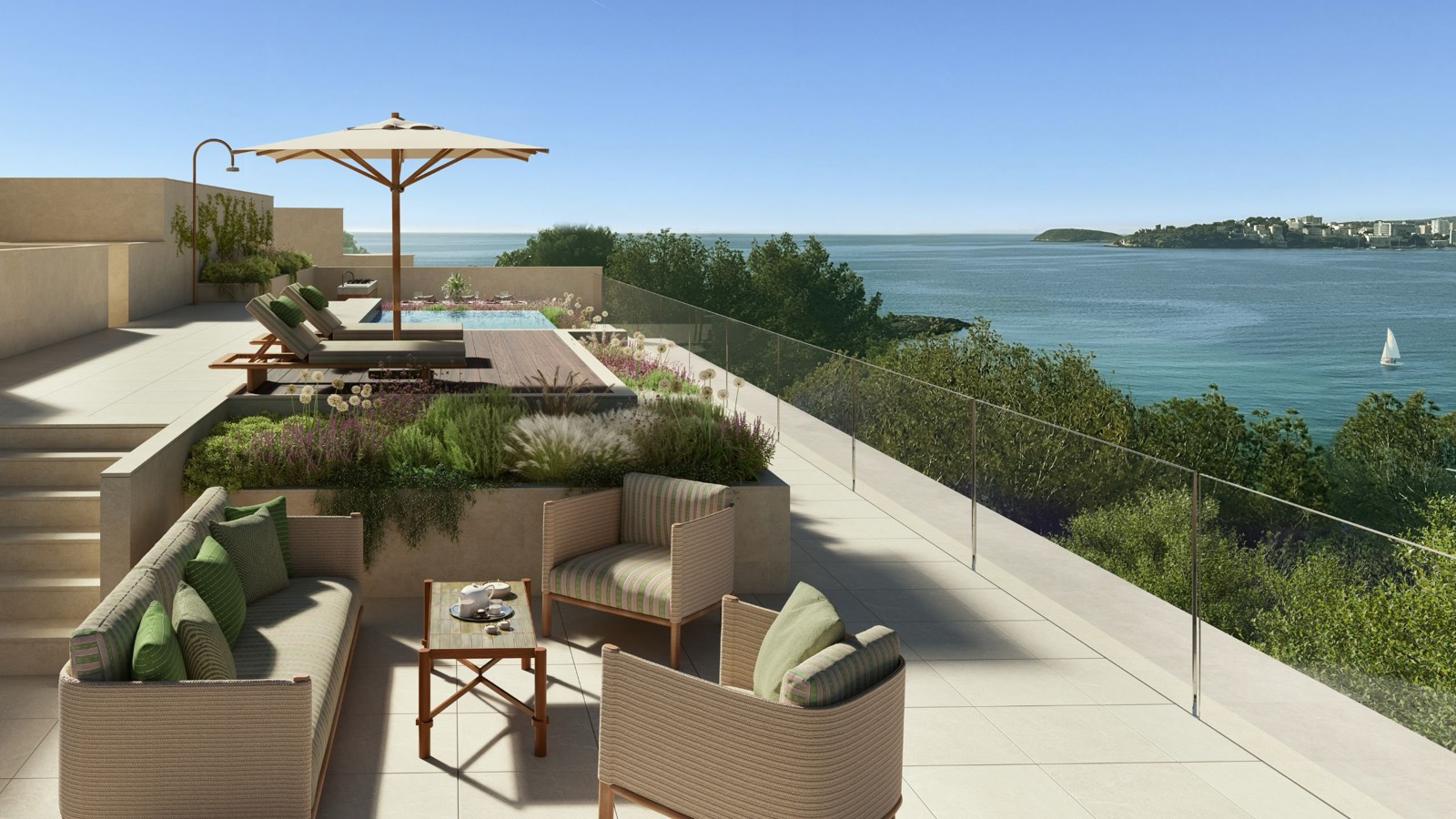 Terrasse d'une suite penthouse du Mandarin Oriental Punta Negra, Majorque, avec piscine privée et vue sur la Méditerranée