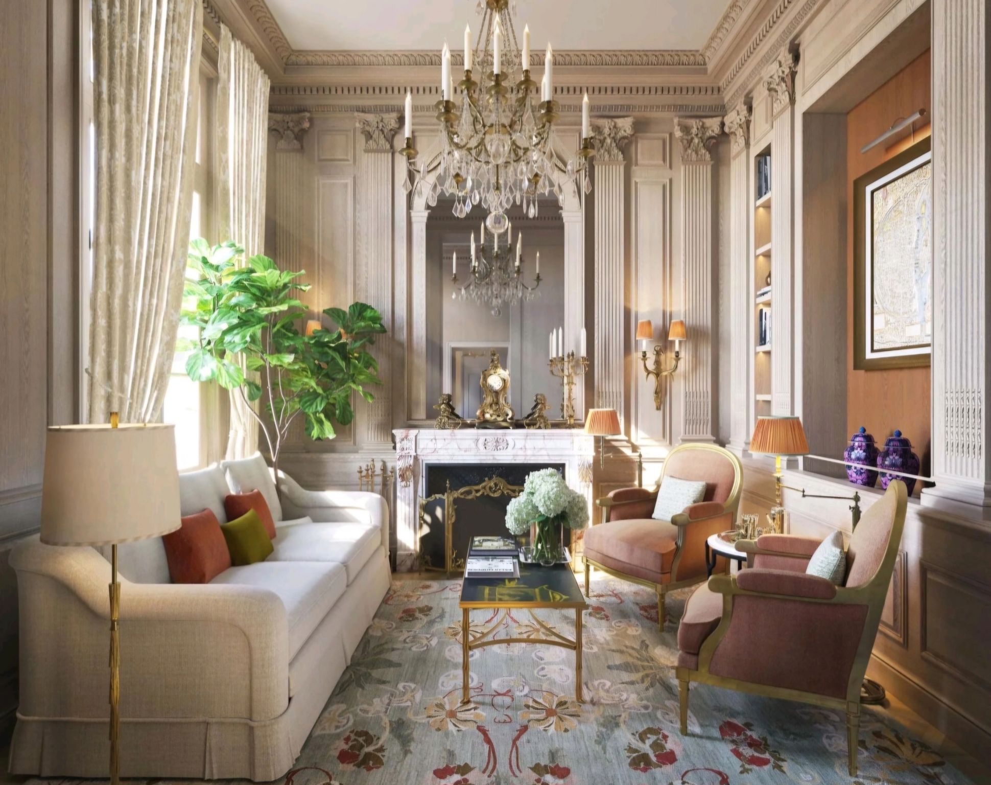 The living room of a residence, designed by Pierre-Yves Rochon or Laura Gonzalez