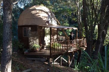 Vue exterieure du Mushroom Dome Cabin, dome geodesique dans les bois d'Aptos, Californie