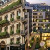 Split view: historic Parisian building with green balconies beside a modern courtyard hotel lobby at dusk, illustrating old vs new architecture.