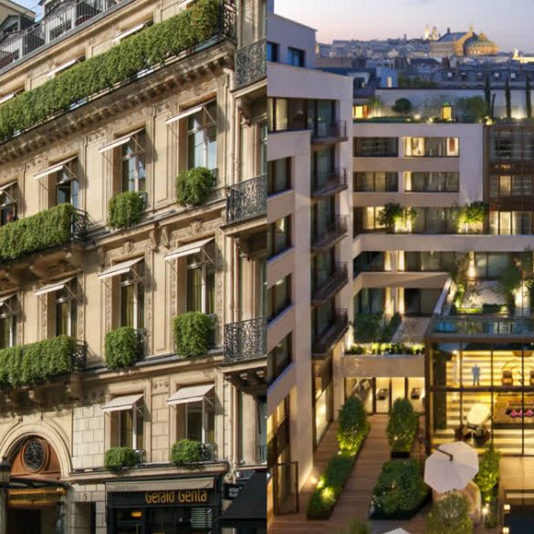 Split view: historic Parisian building with green balconies beside a modern courtyard hotel lobby at dusk, illustrating old vs new architecture.