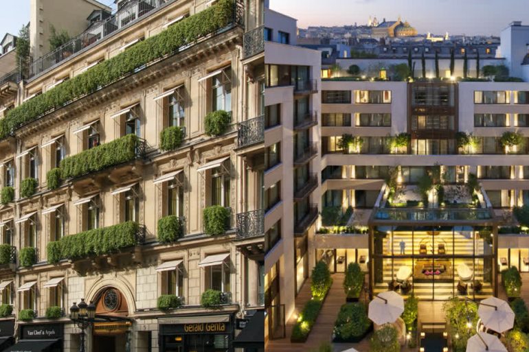 Split view: historic Parisian building with green balconies beside a modern courtyard hotel lobby at dusk, illustrating old vs new architecture.