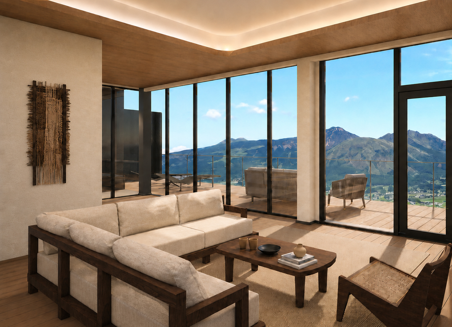 Le salon d'une suite d'Aso Retreat HONO ouvert sur les montagnes d'Aso, au Japon
