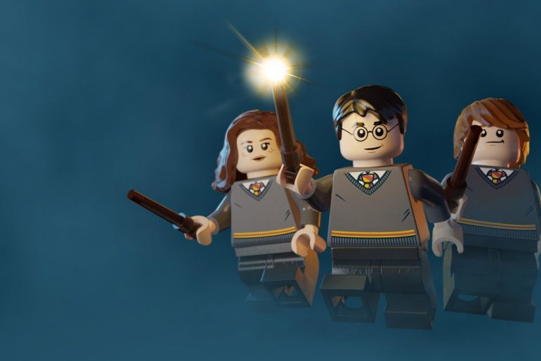 Three LEGO minifigures in gray uniforms fly together, with the center figure raising a glowing wand.