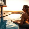 Woman in a black bikini relaxing on a poolside lounge as the sun sets over a rooftop pool.