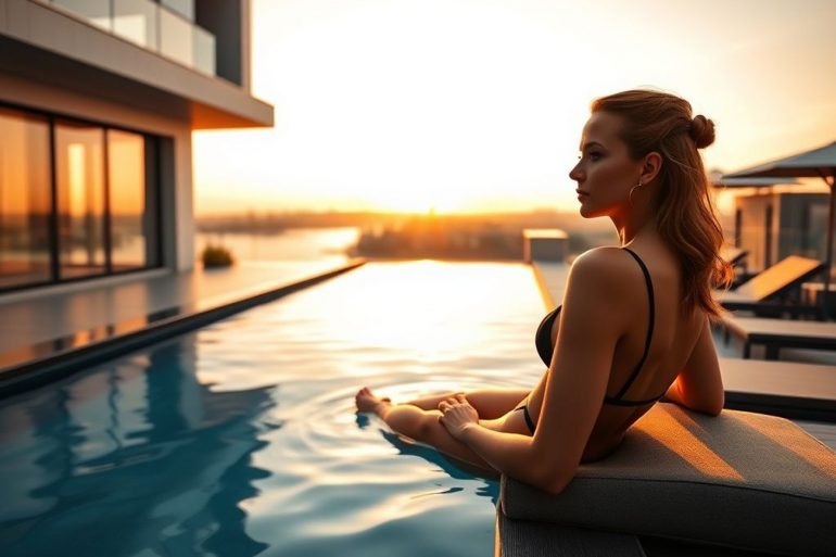 Woman in a black bikini relaxing on a poolside lounge as the sun sets over a rooftop pool.