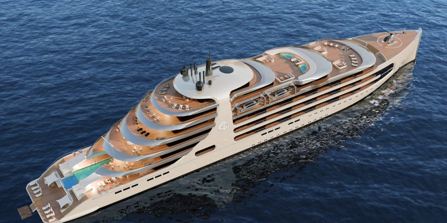 Top-down view of a luxurious multi-deck white superyacht with sun loungers and pool areas on the deck